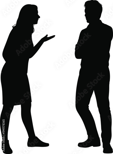 Silhouette of arguing couple in conversation isolated on white background