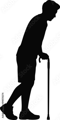 Silhouette of elderly man walking with cane isolated on white background