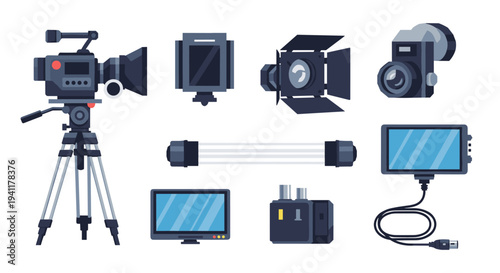 Professional filmmaking equipment featuring cameras, lighting, and monitors in flat design style