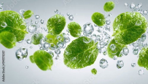Fresh green leaves surrounded by bubbles create a refreshing, vibrant visual, symbolizing nature and purity.