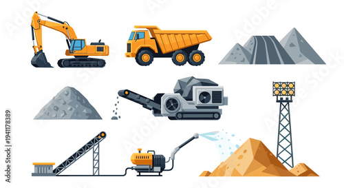 Construction equipment and materials collection on white background