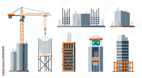 Isometric construction elements: crane, building frameworks, and urban architecture