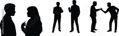 Silhouette people debating, communication illustration, body language concept, discussion scene, interpersonal interaction, argument posture, expressive gestures