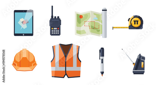 Construction tools set with helmet, vest, tablet, and map in modern flat style