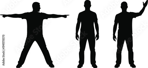 Silhouette man standing gestures, pointing posture, relaxed stance, raised arm gesture, body language concept, minimalist art, human figure illustration