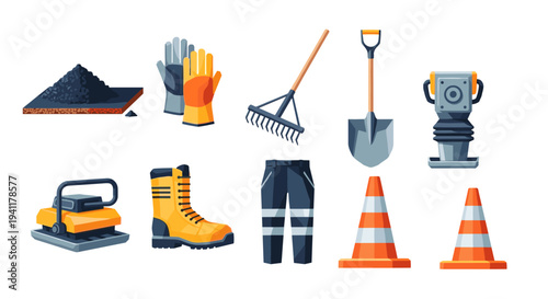 Essential construction tools and equipment in a modern flat design