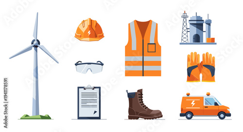 Construction icons: safety gear, wind turbine, industrial building, and more
