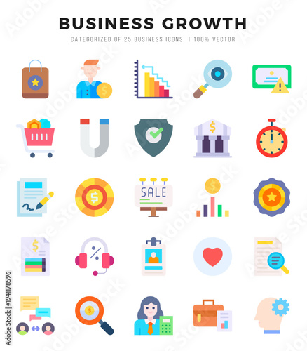 Vector icons set of Business Growth. Flat style Icons.
