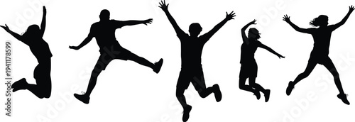 Silhouettes of energetic friends jumping and celebrating isolated on white background
