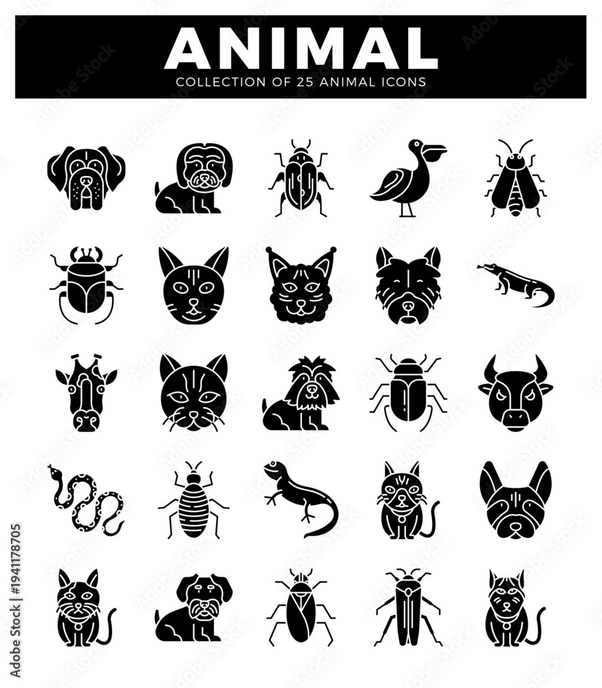 Fototapeta premium animal icons in black on white background. diverse species displayed as simple silhouettes.