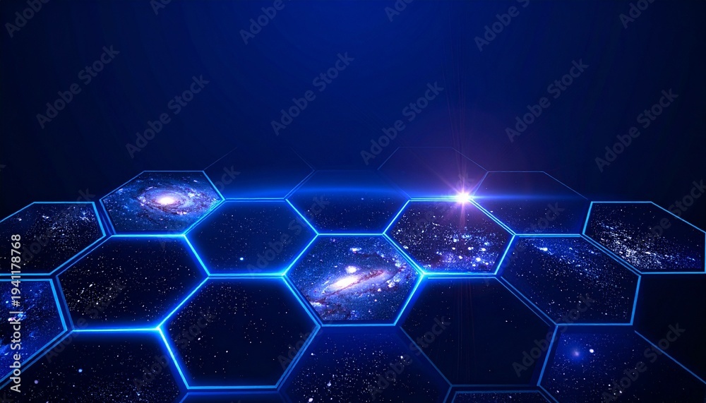 Obraz premium Glowing blue hexagonal digital grid in cosmic space