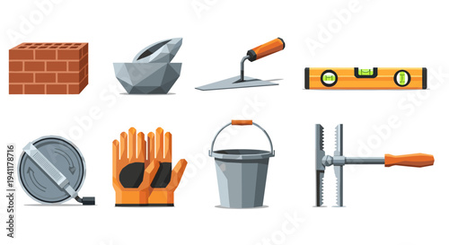 Construction tools set icons: flat brick, trowel, gloves, bucket, and level
