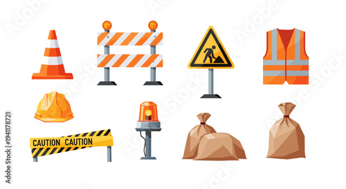 Construction site safety icons set with traffic signs and gear