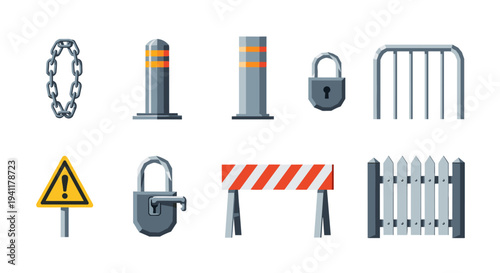 Security and protection icons set featuring padlocks and barriers in flat design