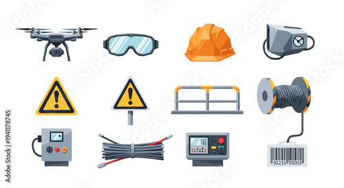 Industrial safety equipment and tools set in modern design