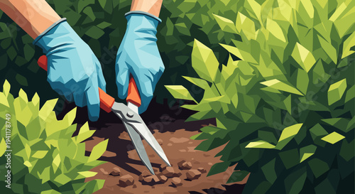 Gardener's hands pruning green bushes in geometric art style