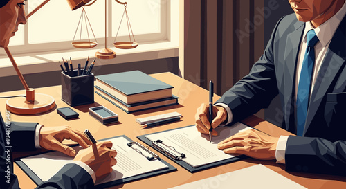Business professionals signing documents in an office setting with legal and financial themes