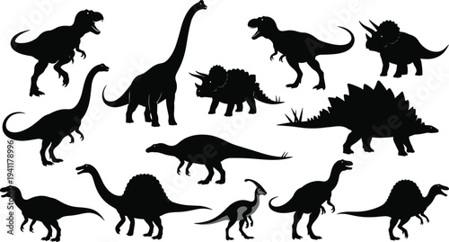 Dinosaur silhouettes illustration, prehistoric species vector, ancient reptile graphic design, paleontology outline art, Jurassic Cretaceous fossil icons