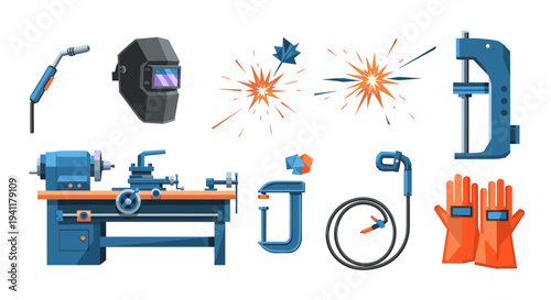 Isometric welding tools collection with safety gear and workshop equipment
