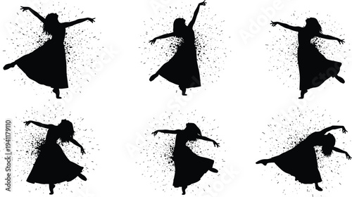 Dancing silhouettes with artistic splatter effects, expressive poses, fluid motion, creative energy, performance art, dynamic movement, abstract dance illustration, visual rhythm, elegance
