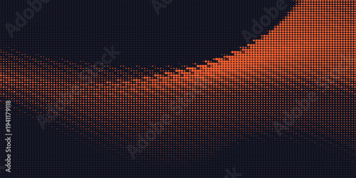 Abstract dark purple halftone pattern background with orange wave. Digital technology and data visualization texture. Vector Illustration.