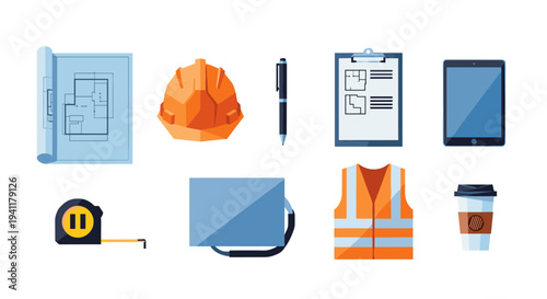 Construction tools and gear set: blueprint, hard hat, measurement, safety vest