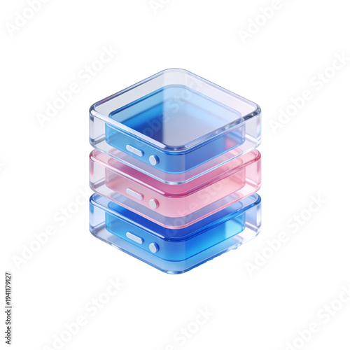 Glossy 3D database stack icon with transparent glass layers and soft blue and pink gradients. Isolated PNG clipart with transparent background. Ideal for cloud storage, data management, servers