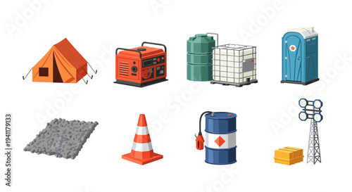 Construction site essentials: equipment, safety, and utilities in isometric style