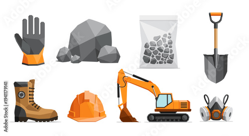 Construction equipment set: excavator, safety gear, and tools in flat design