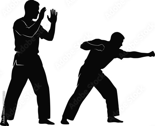 Silhouette martial arts fighters, offensive defensive stance, karate training concept, combat posture illustration, minimalist art, sports discipline representation