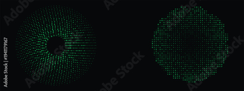 Circular green halftone pattern on black background. Abstract digital radial dot texture. Vector Illustration.