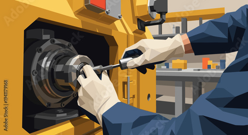 Precision engineering workshop: close-up of technician operating machine in geometric style