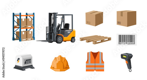 Warehouse equipment collection featuring forklift, pallets, and safety gear
