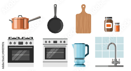 Modern kitchen equipment collection: pots, pans, ovens, and accessories in flat design