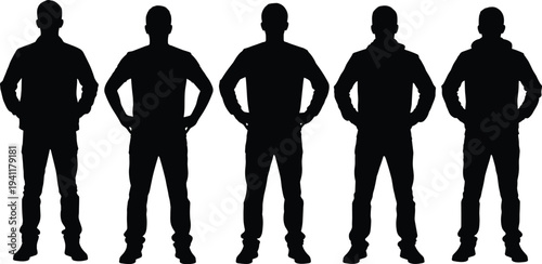 Silhouette men standing casual clothing, hands on hips, posture variation concept, minimalist art, human figure study, body language illustration