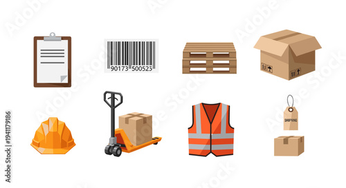 Warehouse equipment and safety gear icons for logistics and shipping