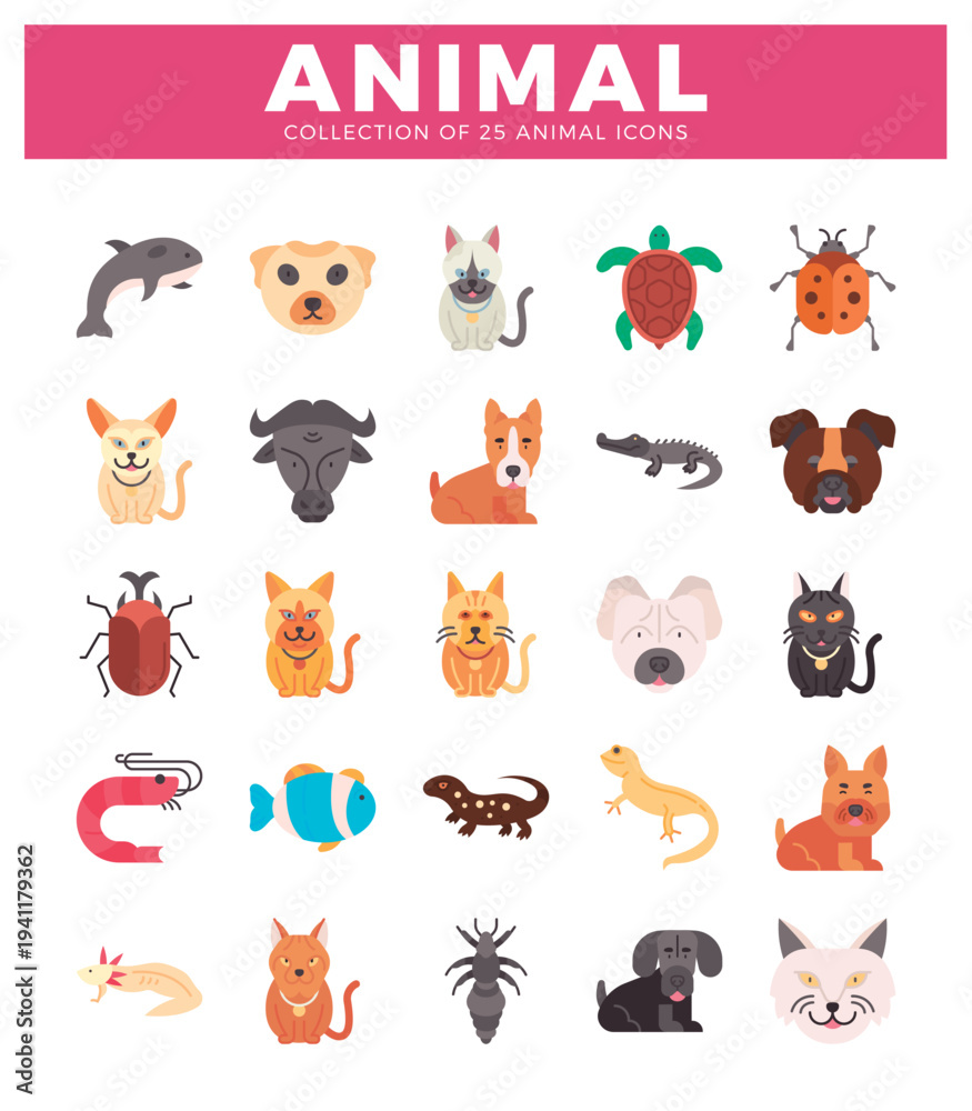 Obraz premium Flat animal icon collection with various species on white background.