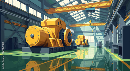 Industrial warehouse with large machines and overhead crane in modern isometric style