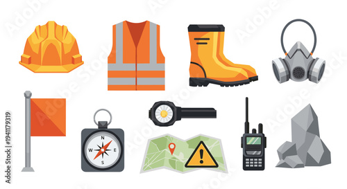 Safety equipment collection with hard hat, vest, and gas mask