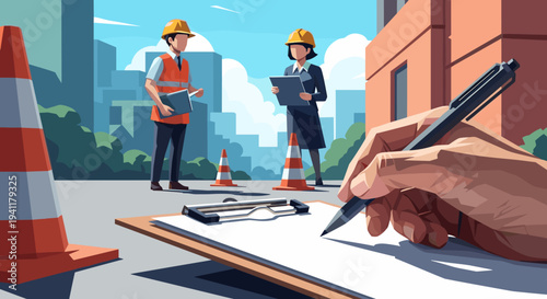 Urban construction scene with city planners and safety measures in a modern art style