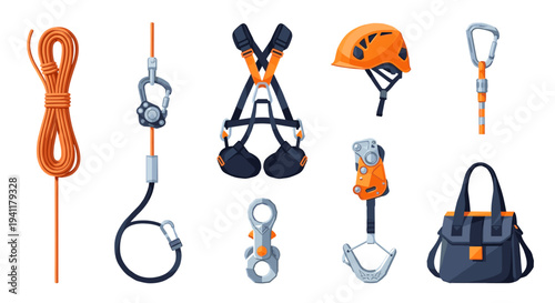 Comprehensive set of climbing gear and equipment in modern flat style