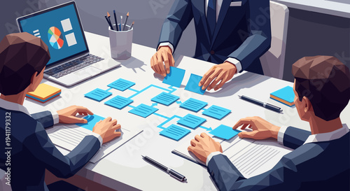 Low poly team collaborating on business strategy with flowchart in modern office