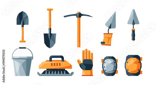Flat design construction tools set: shovel, pickaxe, trowel, and safety gear