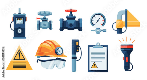 Industrial safety equipment and tools collection for worksite protection and safety