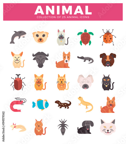 Flat animal icon collection with various species on white background.