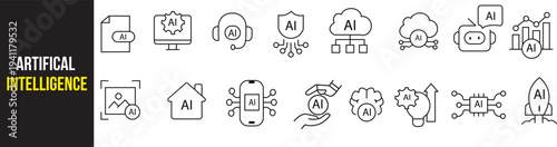 A detailed collection of artificial intelligence line icons illustrating various digital concepts including machine learning neural networks and data processing