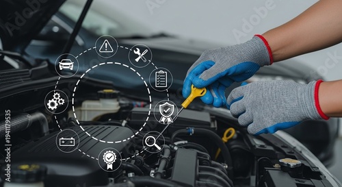 Automotive Technician Checking Car Engine Oil with Digital Maintenance Icons