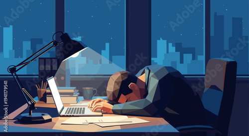 Overworked office employee asleep on desk late at night with city skyline
