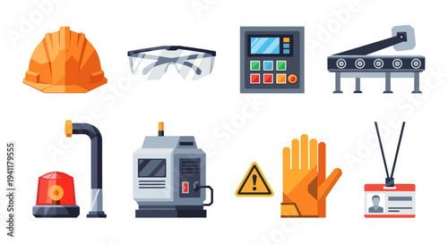 Industrial safety equipment icons set featuring modern flat style designs