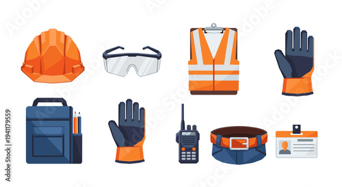 Construction safety equipment icons set featuring modern flat design